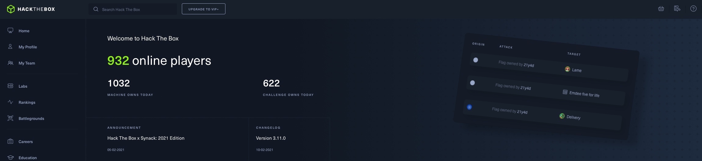 Dashboard showing 932 online players, 1032 machine owns, 622 challenge owns, and recent activity with targets Lame, Emdee five for life, and Delivery.